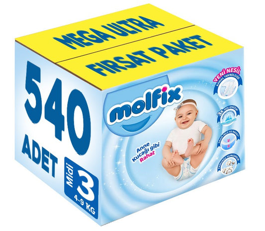 Molfix Bebek Bezi 3 Beden 4-9 KG Midi 540 Adet Mega Ultra Fırsat Pk
