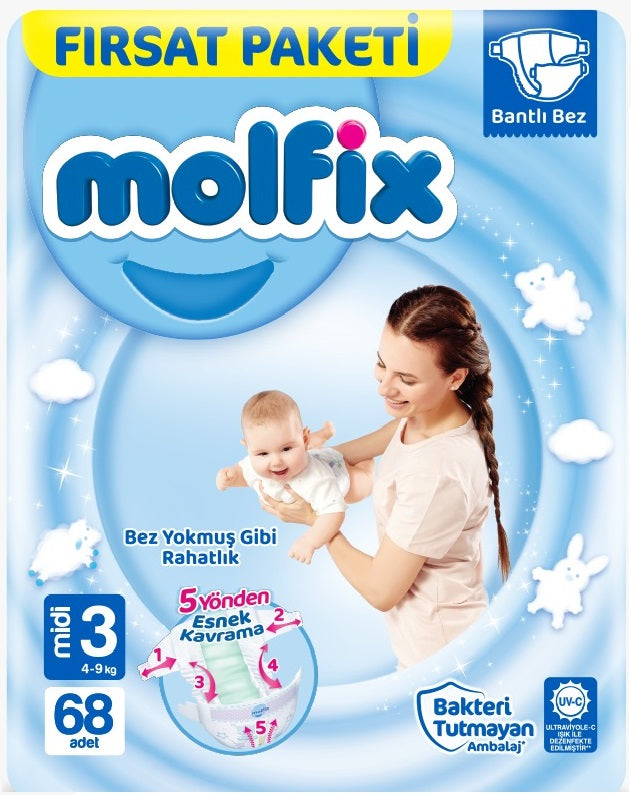 Molfix Bebek Bezi 3 Beden 4-9 KG Midi 68 Adet Fırsat Pk