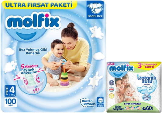 Molfix Bebek Bezi 4 Beden 7-14 KG Maxi 100 Adet Ultra Fırsat Pk+3 Adet Islak Mendil