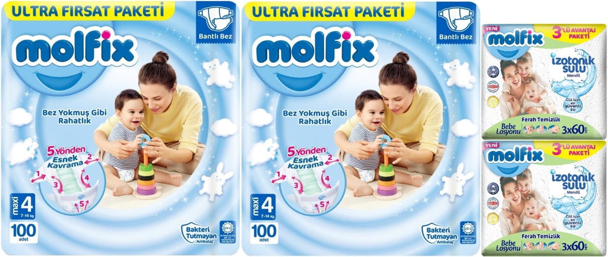 Molfix Bebek Bezi 4 Beden 7-14 KG Maxi 200 Adet Ekonomik Ultra Fırsat Pk+6 Adet Islak Mendil