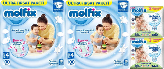 Molfix Bebek Bezi 4 Beden 7-14 KG Maxi 200 Adet Ekonomik Ultra Fırsat Pk+6 Adet Islak Mendil