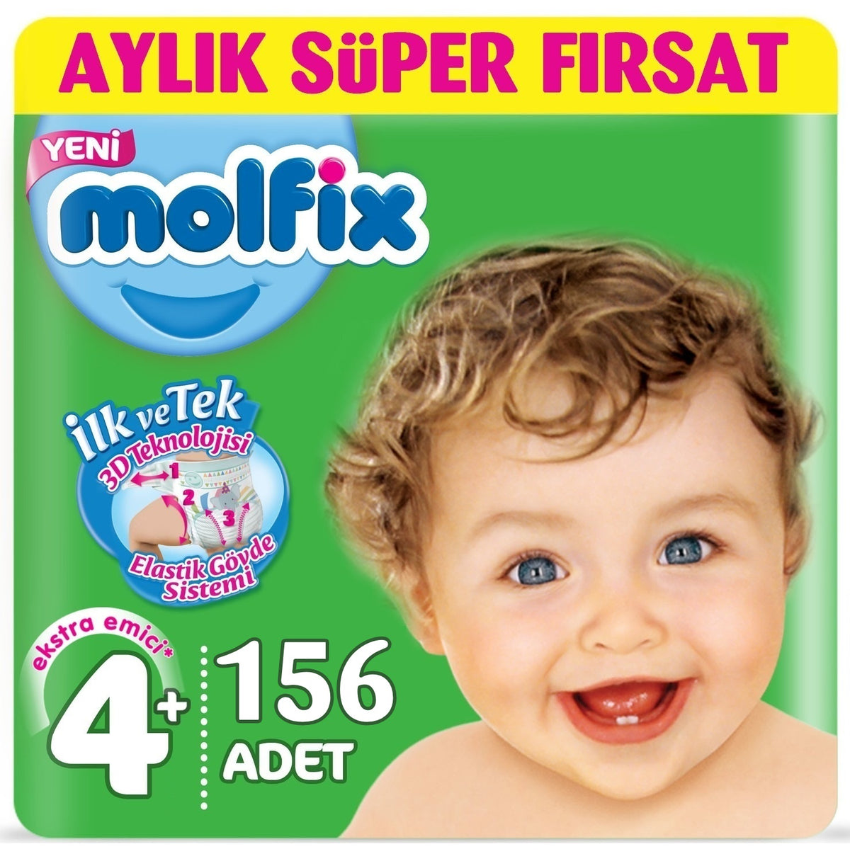Molfix Bebek Bezi 4+ Beden 9-16 KG Maxi Plus 156 Adet Aylık Fırsat Pk + 9 Adet Islak Havlu