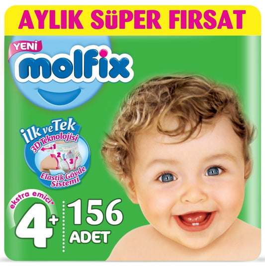 Molfix Bebek Bezi 4+ Beden 9-16 KG Maxi Plus 156 Adet Aylık Fırsat Pk + 9 Adet Islak Havlu