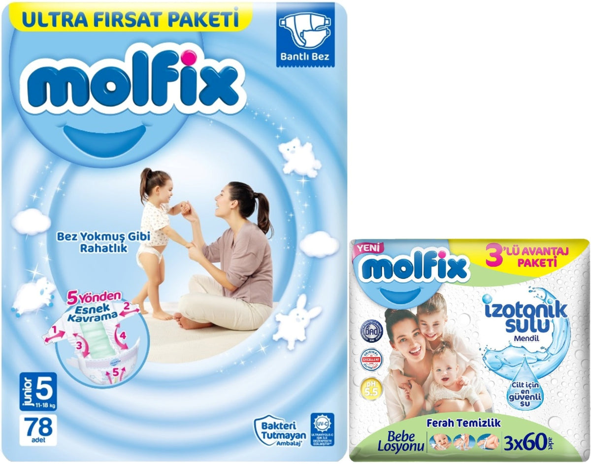 Molfix Bebek Bezi 5 Beden 11-18 KG Junior 78 Adet Ultra Fırsat Pk+3 Adet Islak Mendil