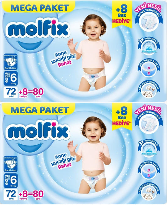 Molfix Bebek Bezi 6 Beden 15+ KG Extra Large 160 Adet Mega Ekonomik Fırsat Pk
