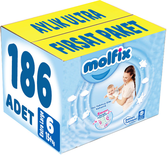 Molfix Bebek Bezi 6 Beden 15+ KG Extra Large 186 Adet Aylık Ultra Fırsat Pk
