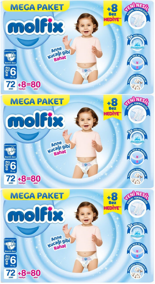 Molfix Bebek Bezi 6 Beden 15+ KG Extra Large 240 Adet Mega Aylık Fırsat Pk