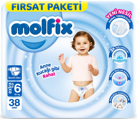 Molfix Bebek Bezi 6 Beden 15+ KG Extra Large 38 Adet Fırsat Pk