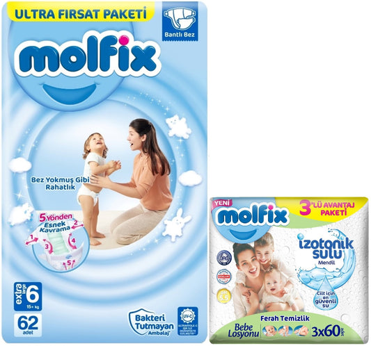 Molfix Bebek Bezi 6 Beden 15+ KG Extra Large 62 Adet Ultra Fırsat Pk+3 Adet Islak Mendil