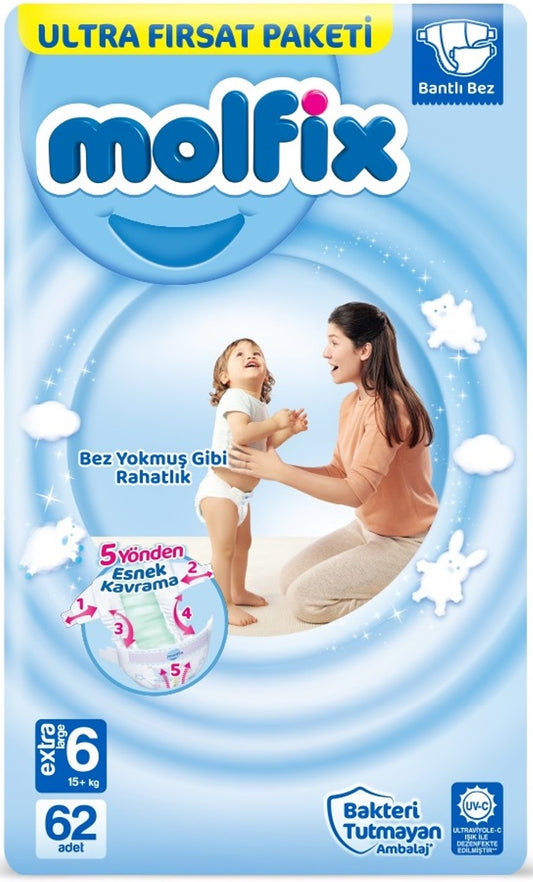 Molfix Bebek Bezi 6 Beden 15+ KG Extra Large 62 Adet Ultra Fırsat Pk