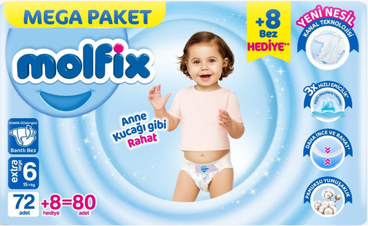 Molfix Bebek Bezi 6 Beden 15+ KG Extra Large 80 Adet Mega Pk