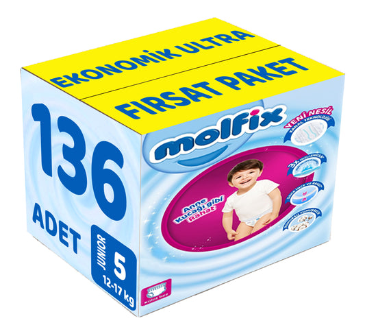 Molfix Külot Bebek Bezi 5 Beden 12-17 KG Junior 136 Adet Ekonomik Ultra Fırsat Pk