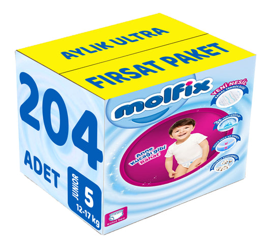 Molfix Külot Bebek Bezi 5 Beden 12-17 KG Junior 204 Adet Aylık Ultra Fırsat Pk