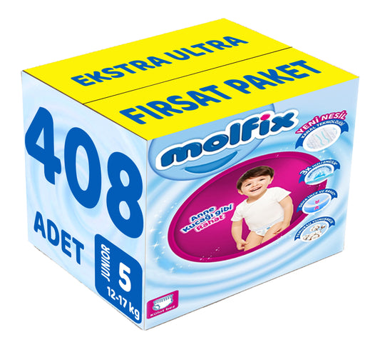 Molfix Külot Bebek Bezi 5 Beden 12-17 KG Junior 408 Adet Ekstra Ultra Fırsat Pk