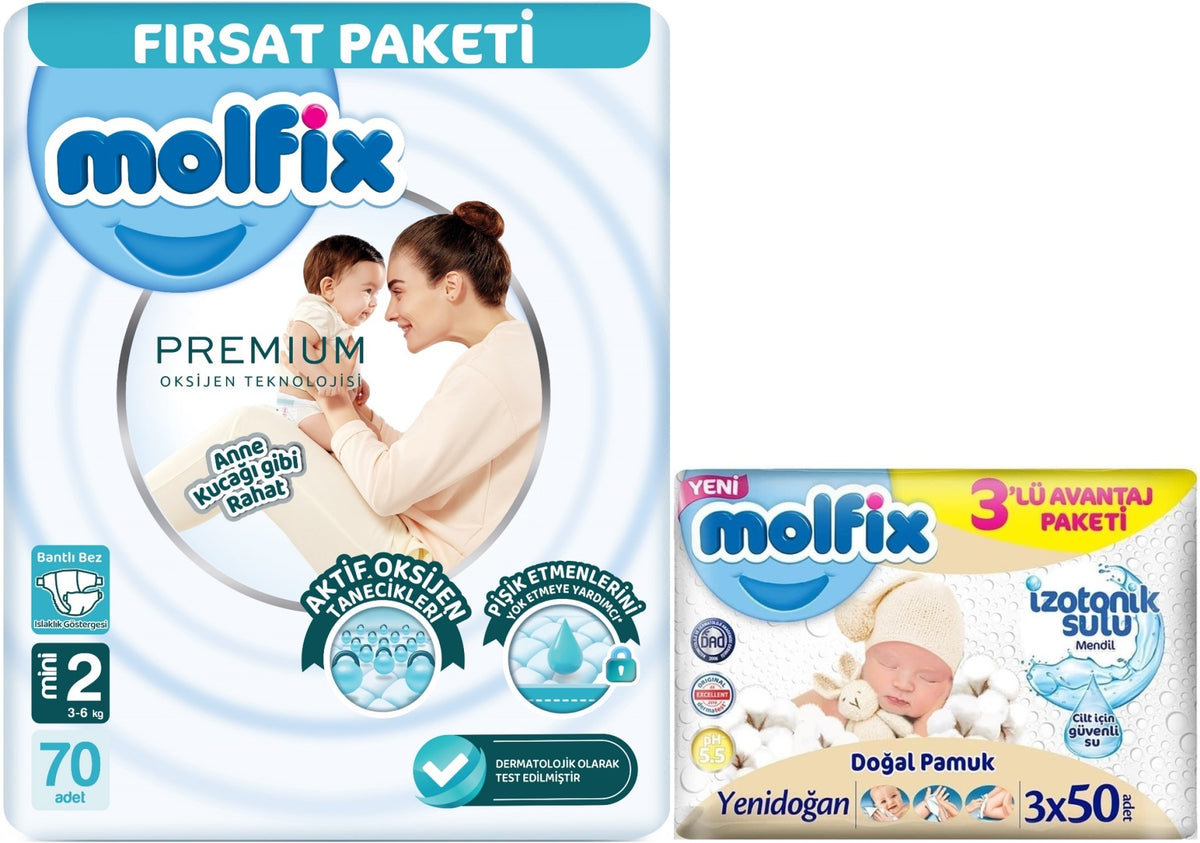 Molfix Premium Bebek Bezi 2 Beden 3-6 KG Mini 70 Adet Fırsat Pk + 3 Adet Islak Mendil