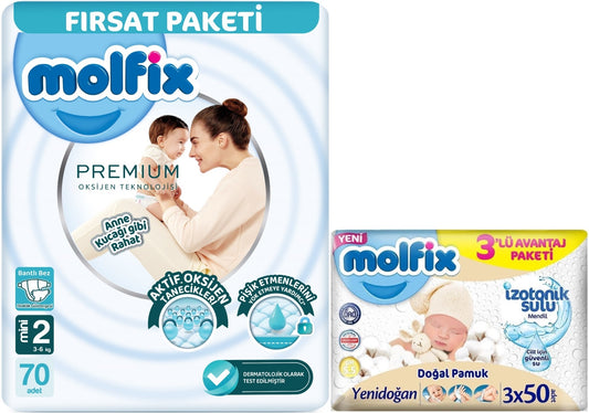 Molfix Premium Bebek Bezi 2 Beden 3-6 KG Mini 70 Adet Fırsat Pk + 3 Adet Islak Mendil