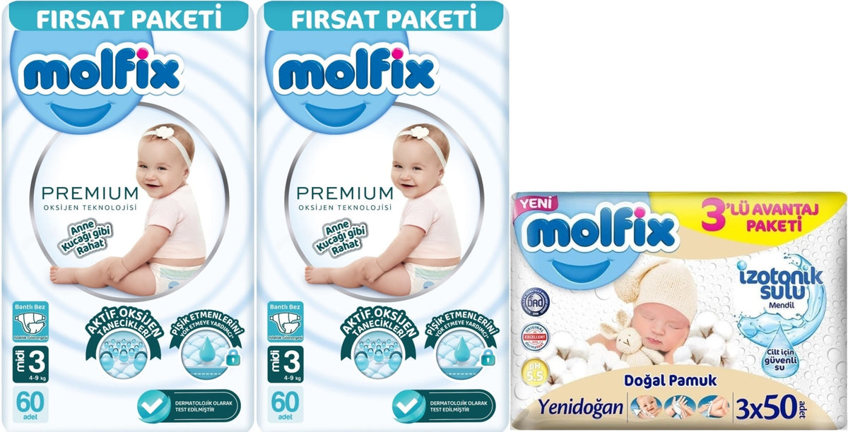 Molfix Premium Bebek Bezi 3 Beden 4-9 KG Midi 120 Adet Fırsat Pk + 3 Adet Islak Mendil