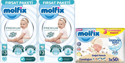 Molfix Premium Bebek Bezi 3 Beden 4-9 KG Midi 120 Adet Fırsat Pk + 3 Adet Islak Mendil