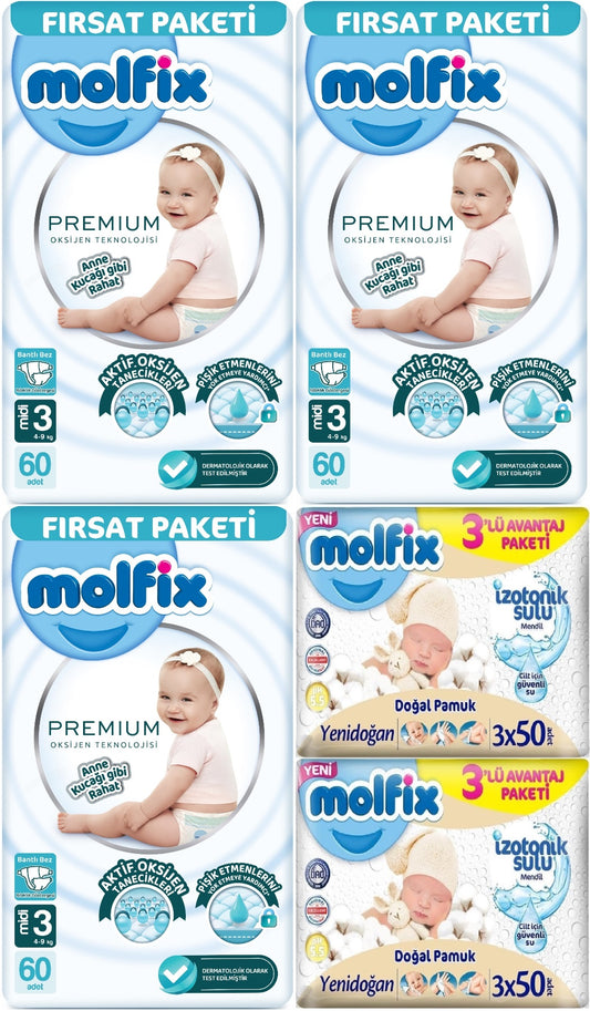 Molfix Premium Bebek Bezi 3 Beden 4-9 KG Midi 180 Adet Fırsat Pk + 6 Adet Islak Mendil