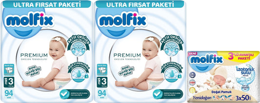 Molfix Premium Bebek Bezi 3 Beden 4-9 KG Midi 188 Adet Ultra Fırsat Pk + 3 Adet Islak Mendil