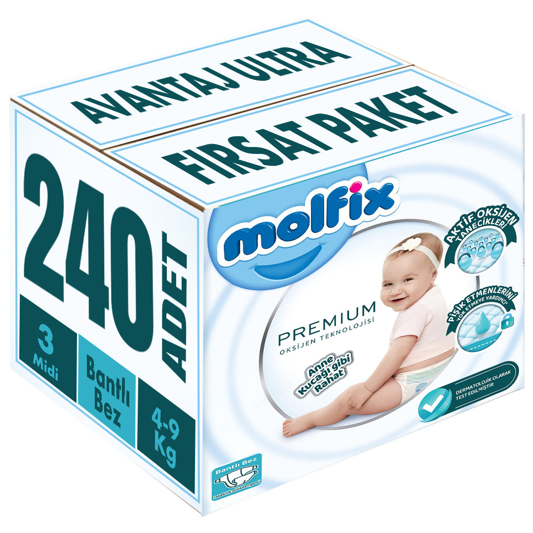 Molfix Premium Bebek Bezi 3 Beden 4-9 KG Midi 240 Adet Avataj Ultra Fırsat Pk
