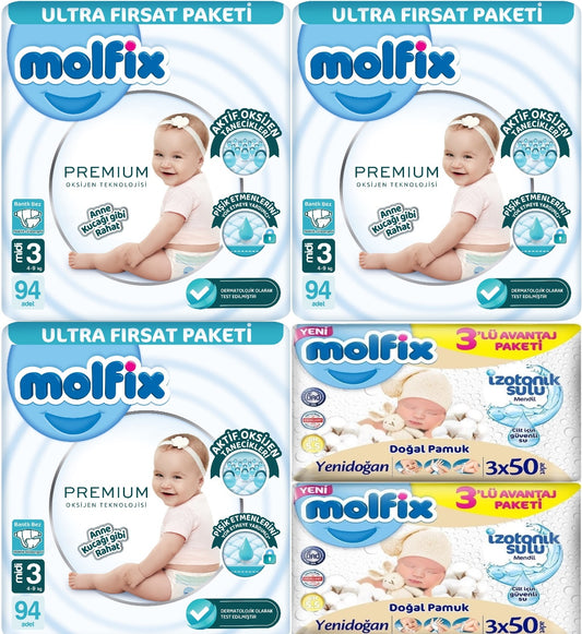 Molfix Premium Bebek Bezi 3 Beden 4-9 KG Midi 282 Adet Ultra Fırsat Pk + 6 Adet Islak Mendil