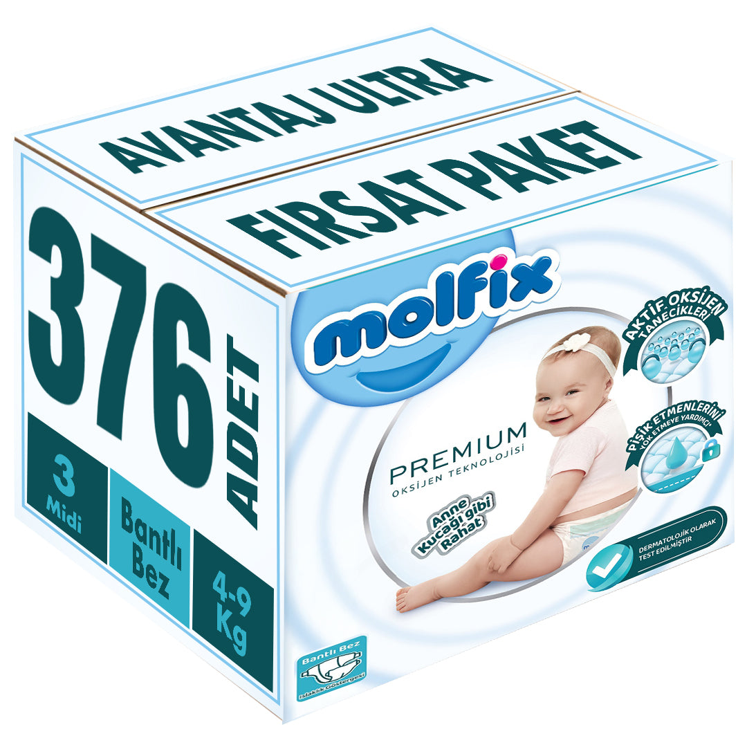 Molfix Premium Bebek Bezi 3 Beden 4-9 KG Midi 376 Adet Avantaj Ultra Fırsat Pk