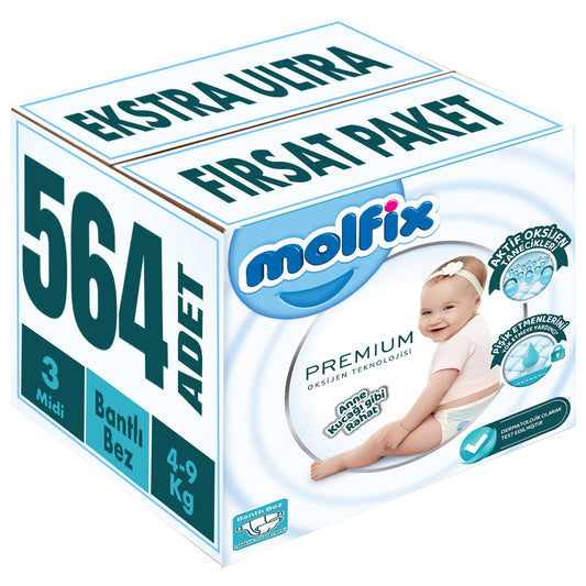 Molfix Premium Bebek Bezi 3 Beden 4-9 KG Midi 564 Adet Ekstra Ultra Fırsat Pk