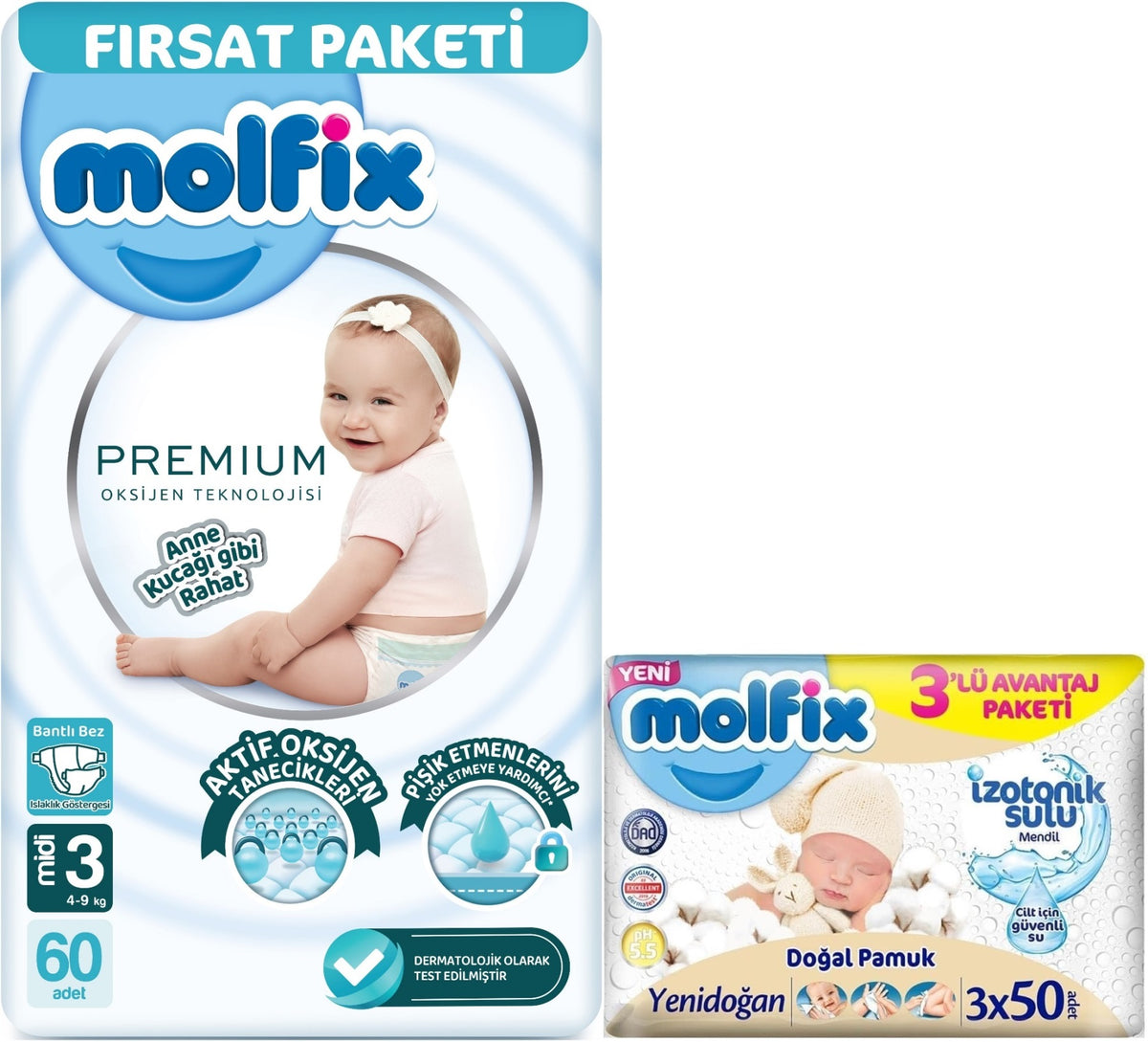Molfix Premium Bebek Bezi 3 Beden 4-9 KG Midi 60 Adet Fırsat Pk + 3 Adet Islak Mendil