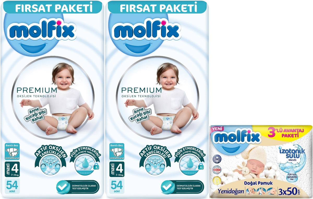 Molfix Premium Bebek Bezi 4 Beden 7-14 KG Maxi 108 Adet Fırsat Pk + 3 Adet Islak Mendil