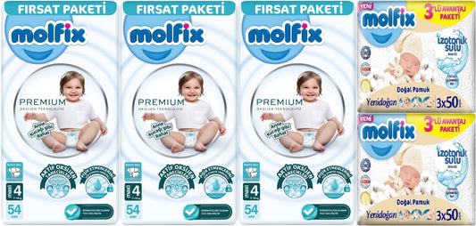Molfix Premium Bebek Bezi 4 Beden 7-14 KG Maxi 162 Adet Fırsat Pk + 6 Adet Islak Mendil