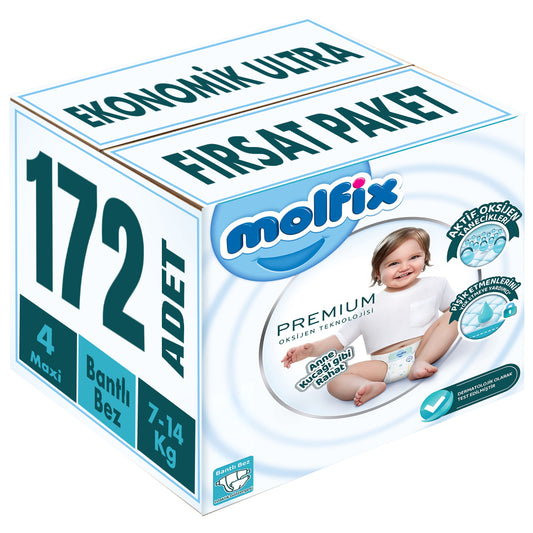 Molfix Premium Bebek Bezi 4 Beden 7-14 KG Maxi 172 Adet Ekonomik Ultra Fırsat Pk