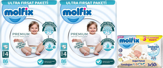 Molfix Premium Bebek Bezi 4 Beden 7-14 KG Maxi 172 Adet Ultra Fırsat Pk + 3 Adet Islak Mendil