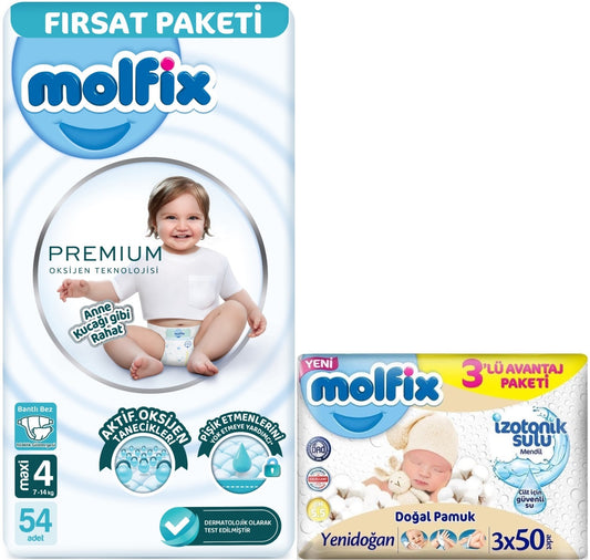 Molfix Premium Bebek Bezi 4 Beden 7-14 KG Maxi 54 Adet Fırsat Pk + 3 Adet Islak Mendil