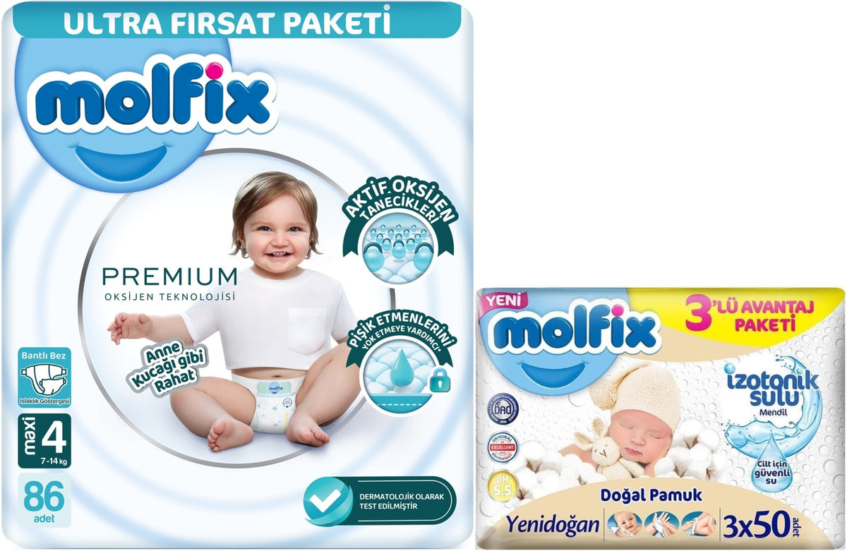 Molfix Premium Bebek Bezi 4 Beden 7-14 KG Maxi 86 Adet Ultra Fırsat Pk + 3 Adet Islak Mendil