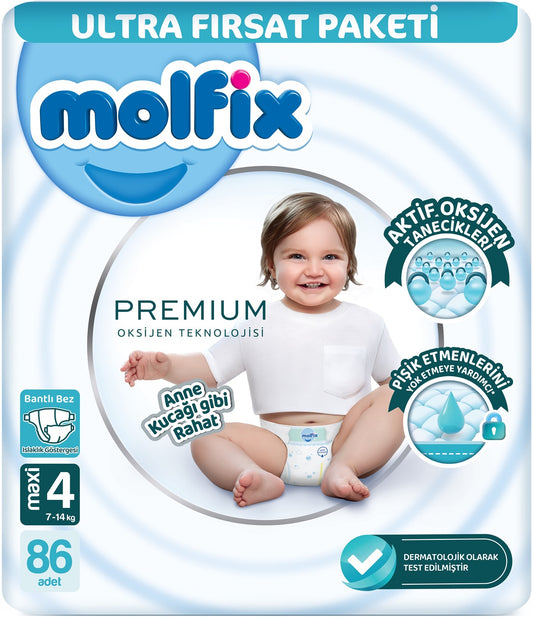 Molfix Premium Bebek Bezi 4 Beden 7-14 KG Maxi 86 Adet Ultra Fırsat Pk
