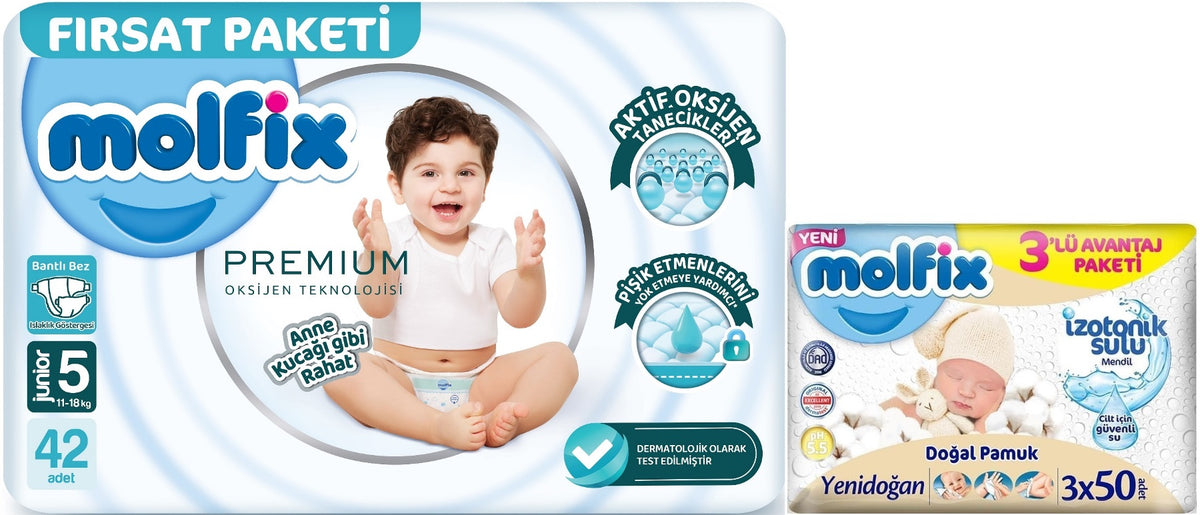 Molfix Premium Bebek Bezi 5 Beden 11-18 KG Junior 42 Adet Fırsat Pk + 3 Adet Islak Mendil