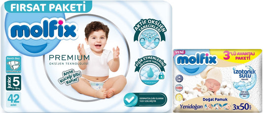 Molfix Premium Bebek Bezi 5 Beden 11-18 KG Junior 42 Adet Fırsat Pk + 3 Adet Islak Mendil