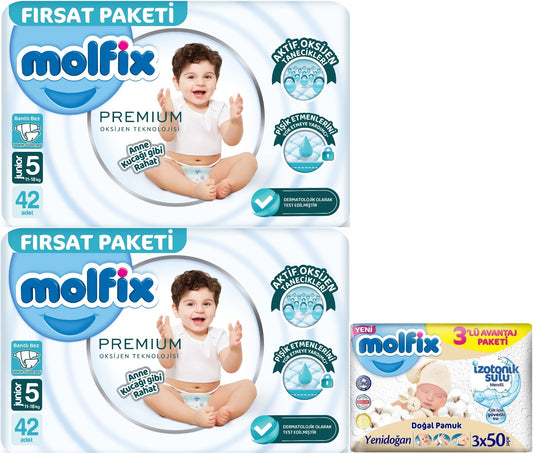 Molfix Premium Bebek Bezi 5 Beden 11-18 KG Junior 84 Adet Fırsat Pk + 3 Adet Islak Mendil