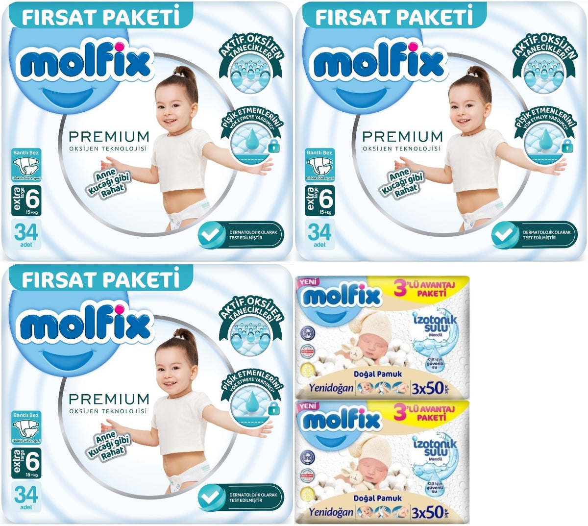 Molfix Premium Bebek Bezi 6 Beden 15+ KG Extra Large 102 Adet Fırsat Pk + 6 Adet Islak Mendil