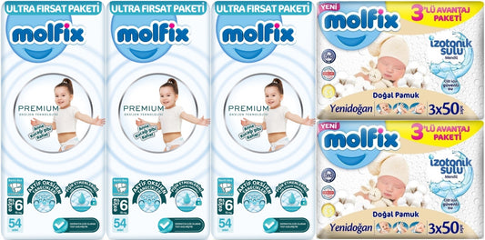 Molfix Premium Bebek Bezi 6 Beden 15+ KG Extra Large 162 Adet Ultra Fırsat Pk + 6 Adet Islak Mendil