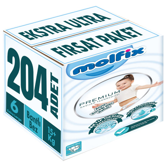 Molfix Premium Bebek Bezi 6 Beden 15+ KG Extra Large 204 Adet Ekstra Ultra Fırsat Pk