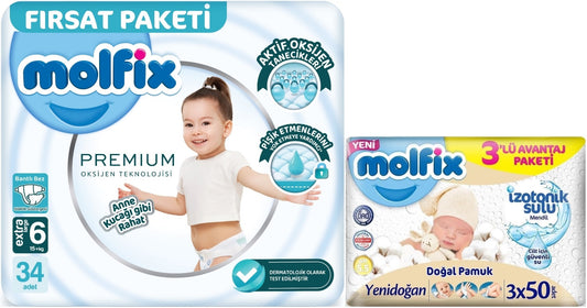 Molfix Premium Bebek Bezi 6 Beden 15+ KG Extra Large 34 Adet Fırsat Pk + 3 Adet Islak Mendil