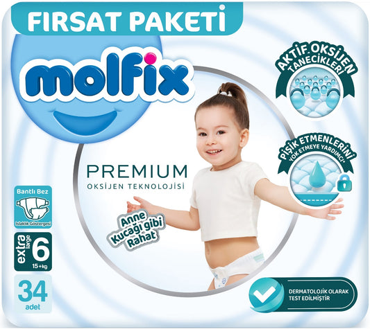 Molfix Premium Bebek Bezi 6 Beden 15+ KG Extra Large 34 Adet Fırsat Pk