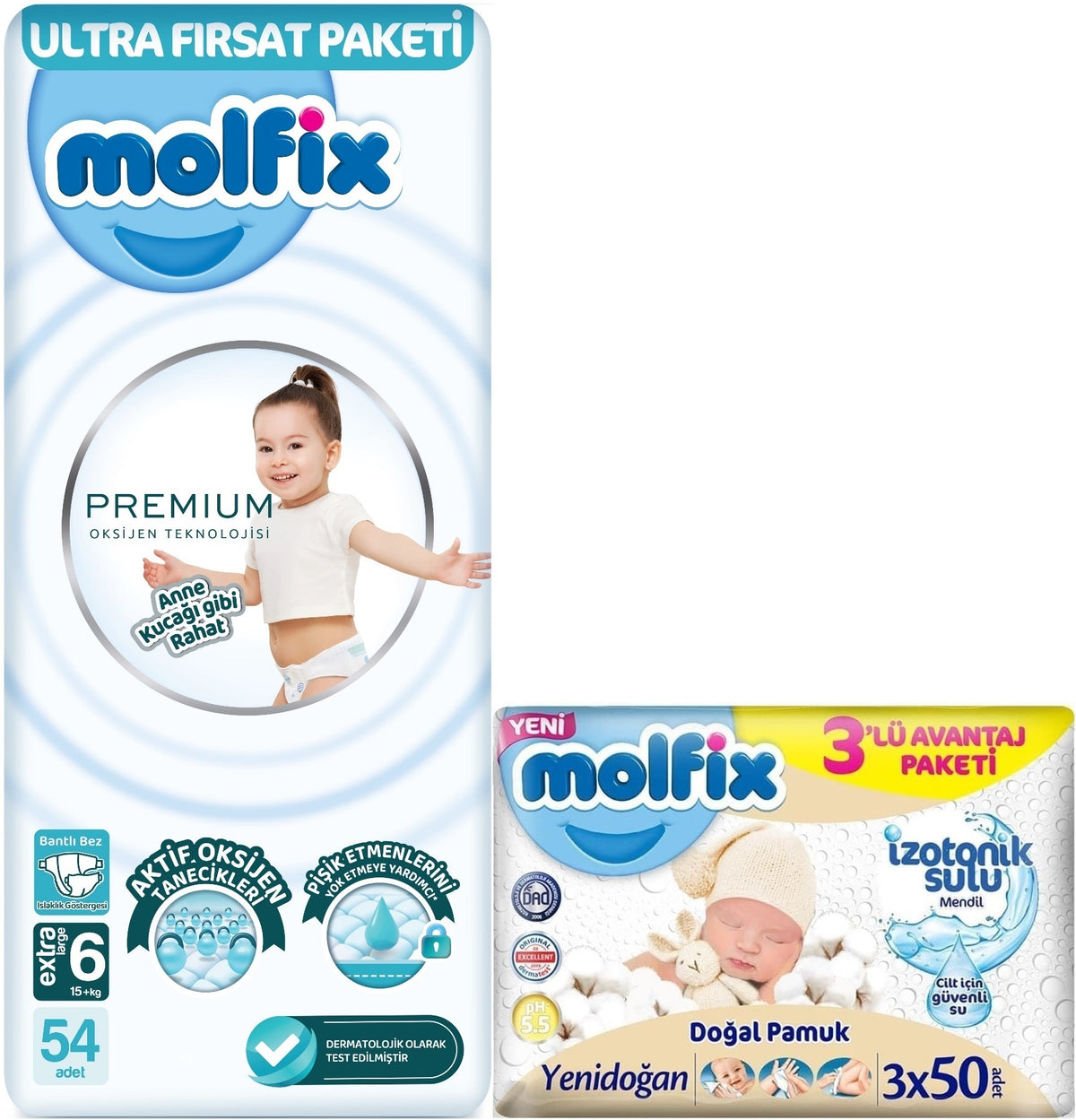 Molfix Premium Bebek Bezi 6 Beden 15+ KG Extra Large 54 Adet Ultra Fırsat Pk + 3 Adet Islak Mendil