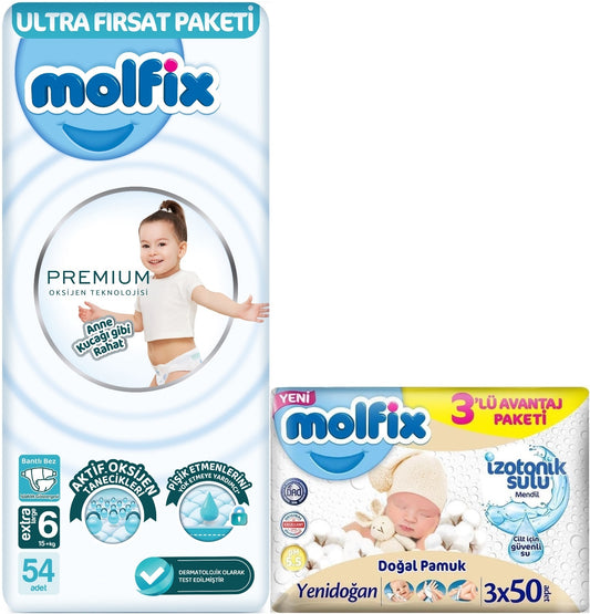 Molfix Premium Bebek Bezi 6 Beden 15+ KG Extra Large 54 Adet Ultra Fırsat Pk + 3 Adet Islak Mendil