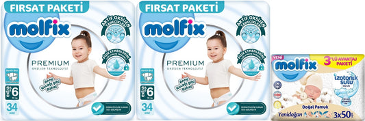 Molfix Premium Bebek Bezi 6 Beden 15+ KG Extra Large 68 Adet Fırsat Pk + 3 Adet Islak Mendil