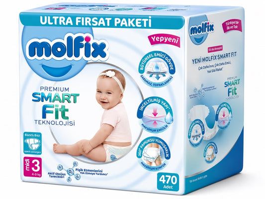 Molfix Premium Smart Fit Bebek Bezi 3 Beden 4-9 KG Midi 470 Adet Mega Ultra Fırsat Pk