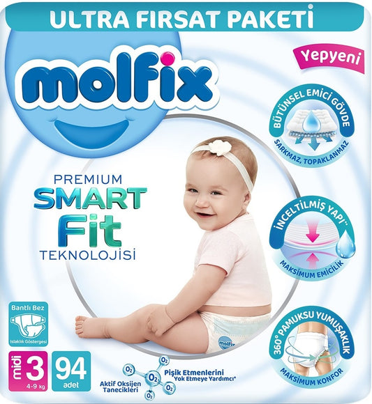 Molfix Premium Smart Fit Bebek Bezi 3 Beden 4-9 KG Midi 94 Adet Ultra Fırsat Pk