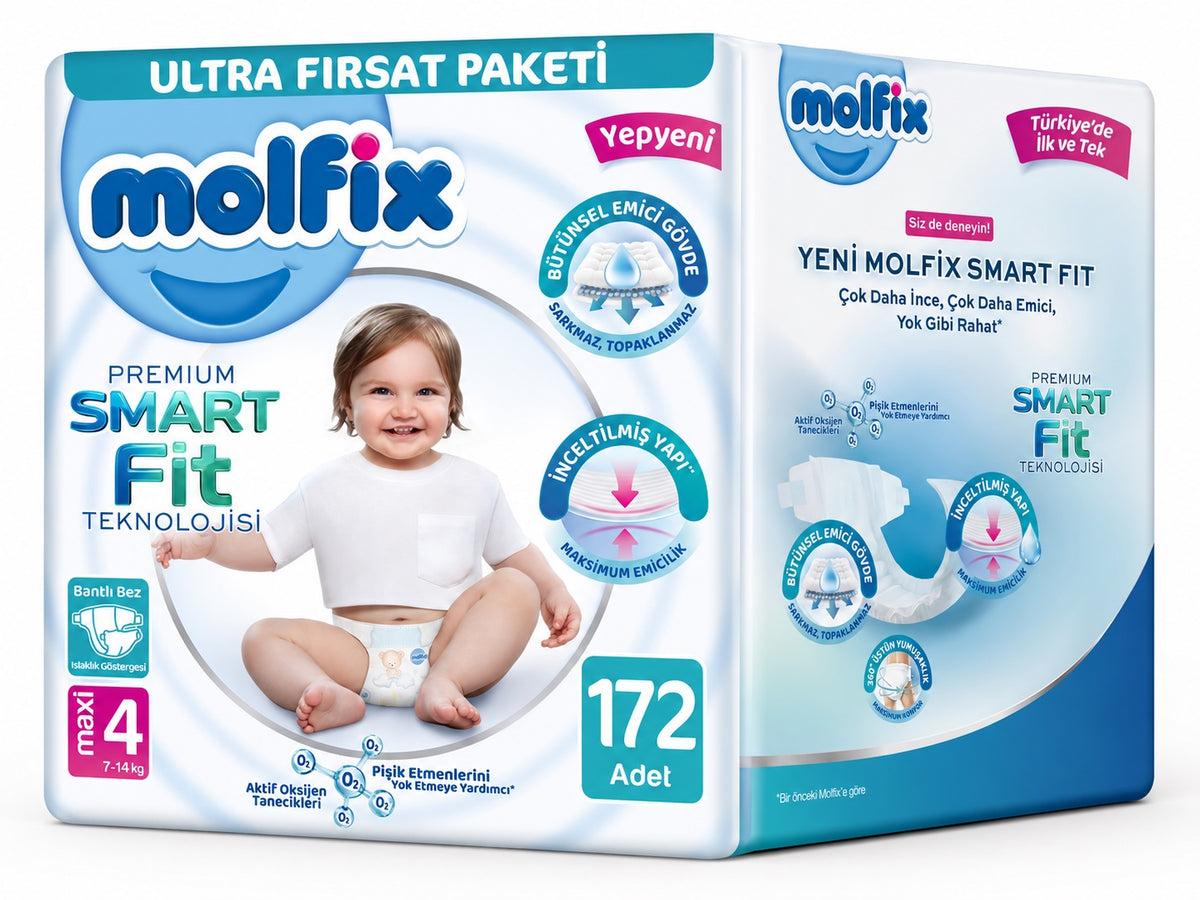Molfix Premium Smart Fit Bebek Bezi 4 Beden 7-14 KG Maxi 172 Adet Ekonomik Ultra Fırsat Pk